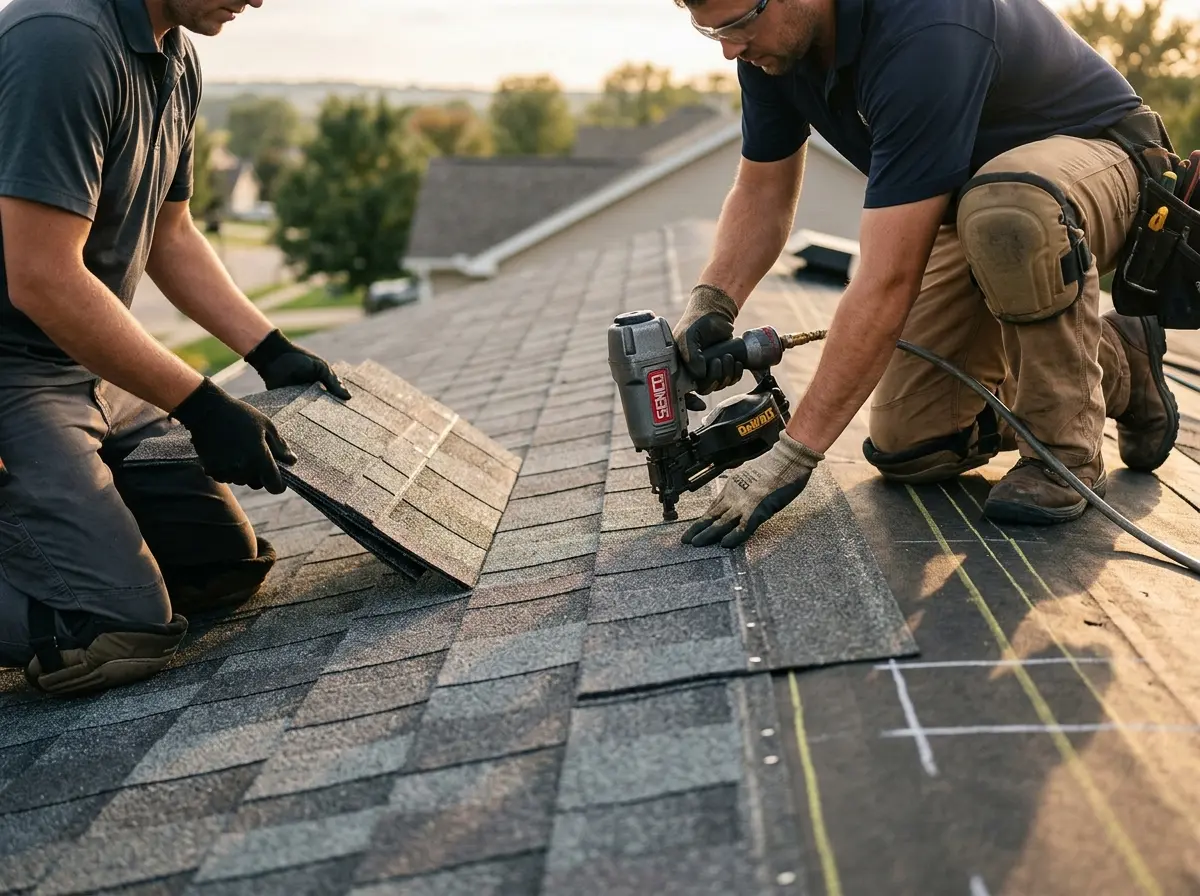 Professional roofer working on a residential roof in Cottage Grove